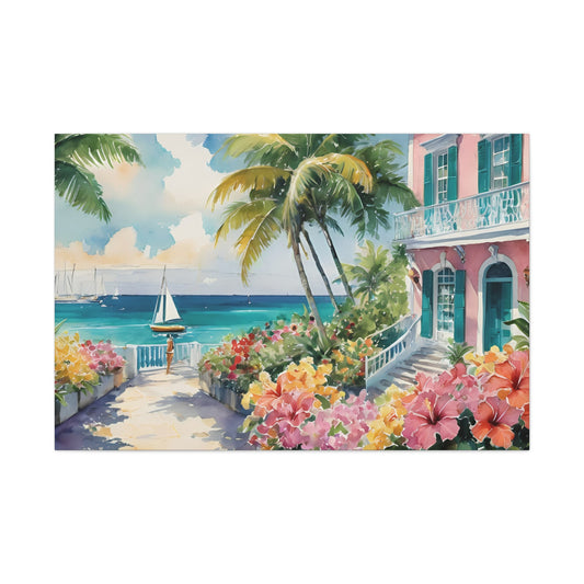 Bermuda Coastal Vibe, Watercolor Canvas Painting, 1 of many