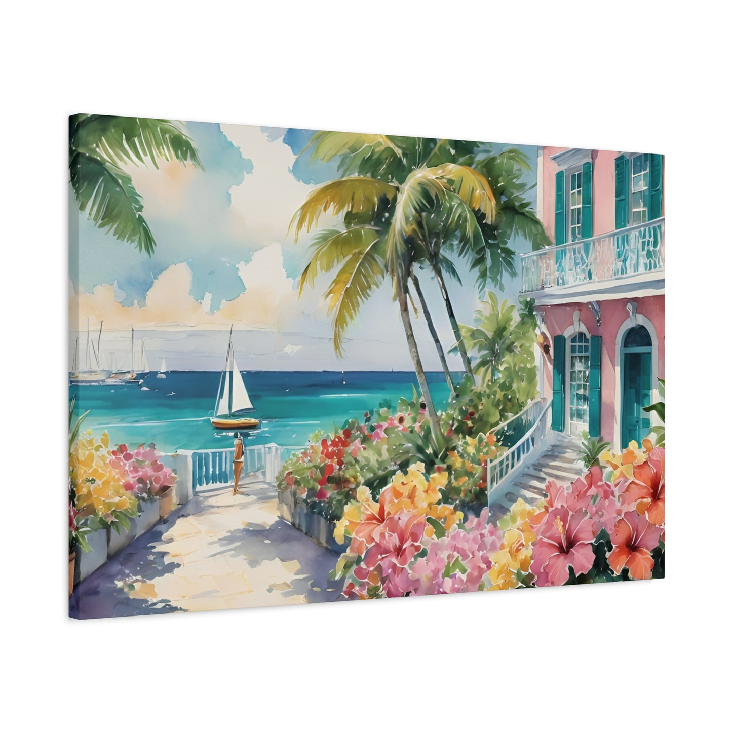 Bermuda Coastal Vibe, Watercolor Canvas Painting, 1 of many