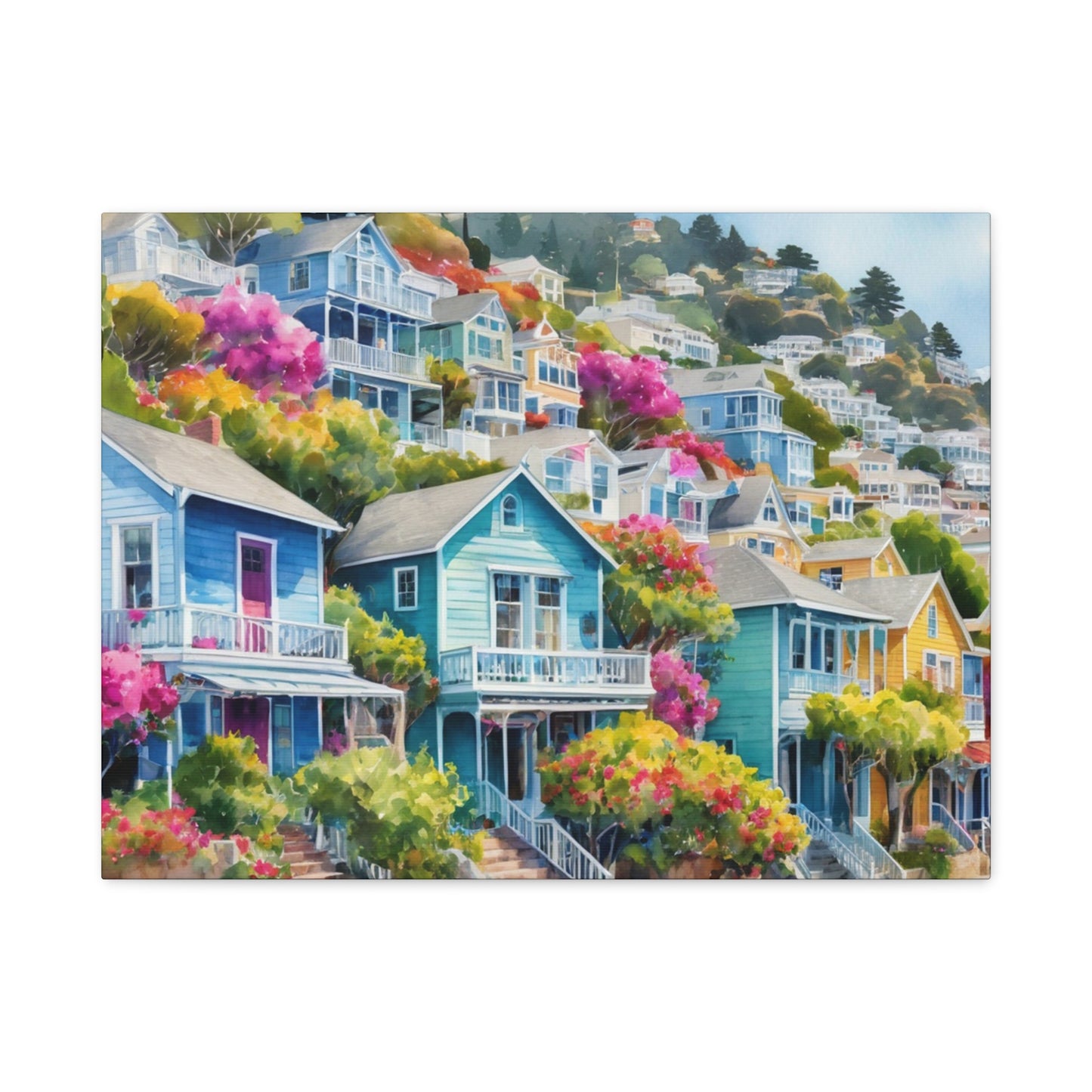 Sausalito California Coastal Vibe, Watercolor Canvas Painting, 8 of many